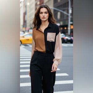 NWT - ANDREE BY UNIT Black and Brown Button-Down Shirt -Size L